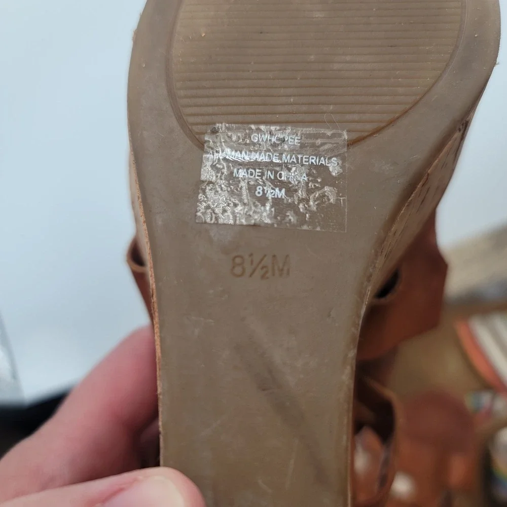 Guess Womens Cognac Brown Leather Strappy Cork Boho Platform Wedge Sandals
